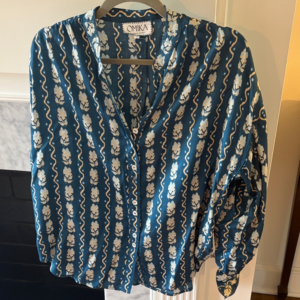 Omika Teal Floral-Striped Button-Front Blouse